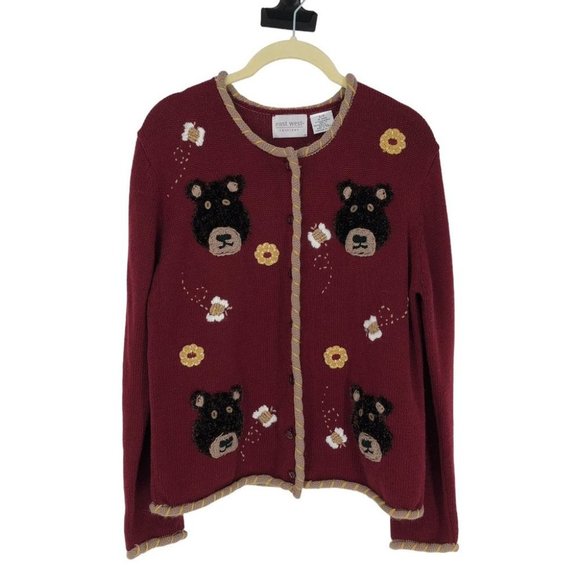 Vintage Sweaters - Vintage East West Fashions Button-Up Bear and Bees Embroidered Knit Cardigan SP